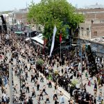 A large number of people beating themselves with chained Knives in a mourning procession of 9th Muharam ul Harm to commemorate the martyrdom of Hazrat Imam Hussain (RA), the grandson of Prophet Muhammad (PBUH) at Mumtazabad