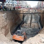 Heavy machinery in use at the under-construction underpass in Karimabad, Federal B-Area, as part of ongoing development work in the provincial capital