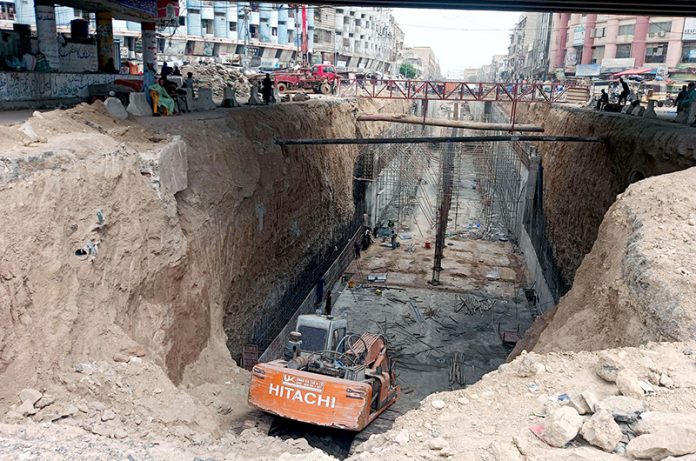 Heavy machinery in use at the under-construction underpass in Karimabad, Federal B-Area, as part of ongoing development work in the provincial capital