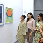 Female art lovers admire the artwork of Hasnat Mehmood on display at the Sanat Initiative gallery in provincial capital.