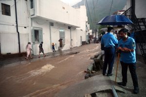The boundary wall of a nullah in Saidpur Village collapsed due to flooding caused by heavy rainfall in the Federal Capital.