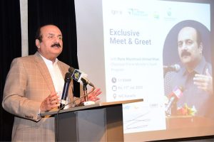 Chairman Prime Minister Youth Programme Rana Mashhood Ahmad Khan participates in a meeting during his visit to the National Incubation Center at NED University