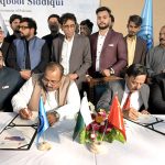 Officials signing after inauguration ceremony launch of china – Pakistan TEVT industrial center of excellence at HITMS