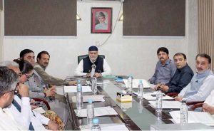 Federal Minister for Poverty Alleviation and Social Protection Syed Imran Ahmed Shah chairs a meeting with officials at the Khyber Pakhtunkhwa Bait-ul-Mal Office