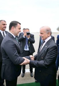 Prime Minister Muhammad Shehbaz Sharif arrives in Shusha for his two day official visit to attend the 17th Summit of ECO. Azerbaijan's Minister for Culture Adil Karimli receives Prime Minister upon his arrival at Fuzuli Airport