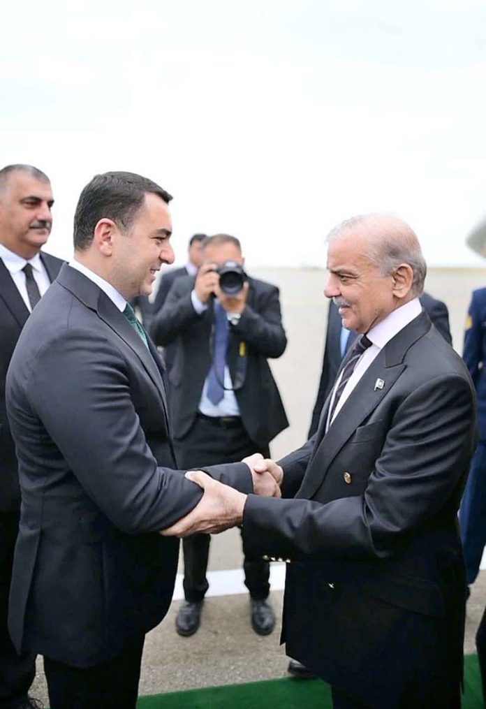 Prime Minister Muhammad Shehbaz Sharif arrives in Shusha for his two day official visit to attend the 17th Summit of ECO. Azerbaijan's Minister for Culture Adil Karimli receives Prime Minister upon his arrival at Fuzuli Airport