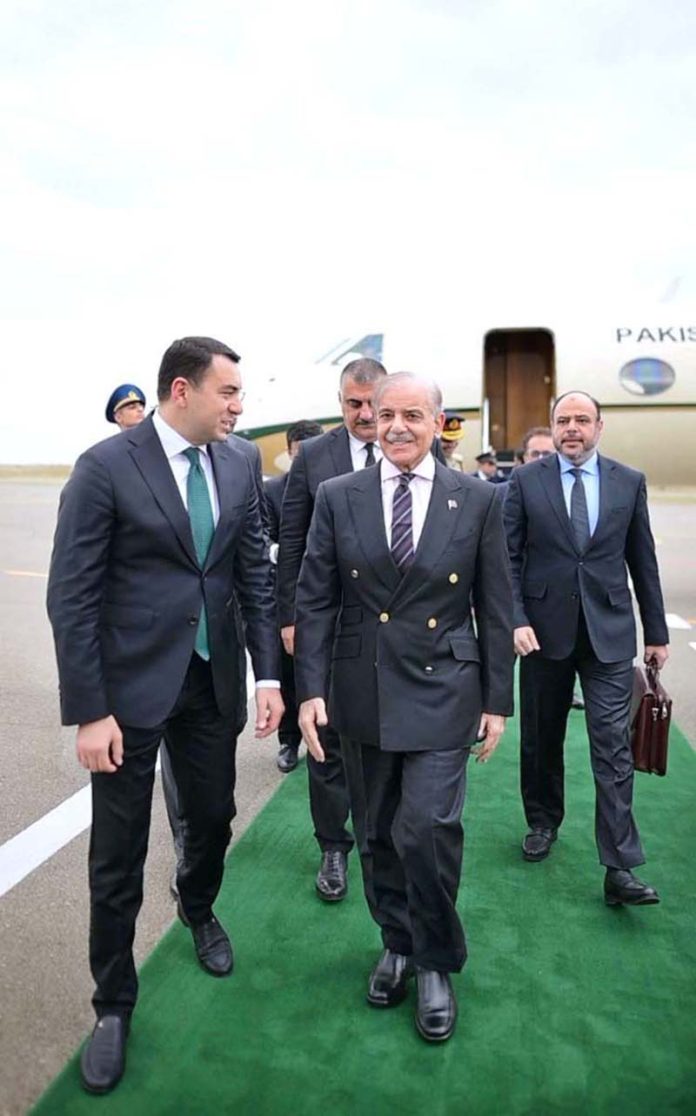 Prime Minister Muhammad Shehbaz Sharif arrives in Shusha for his two day official visit to attend the 17th Summit of ECO. Azerbaijan's Minister for Culture Adil Karimli receives Prime Minister upon his arrival at Fuzuli Airport
