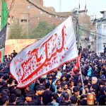 A large number of mourners attending the procession of 9th Muharramul Harram observing Youm e Ashur at Karbala Rohri. Muharram ul Harram, the first month of the Islamic calendar is known as the mourning month to pay homage in remembrance of the martyrdom (Shahadat) of Hazrat Imam Hussain (AS), the grandson of the Holy Prophet Mohammad (SAWW), along with his family members and companions at the battle of Karbala