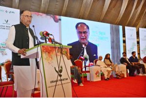 Federal Minister for Planning, Development and Special Initiative Ahsan Iqbal addressing the opening session of the dialogue on Uraan Pakistan - Creative Industry and Culture Economy at a local hotel.