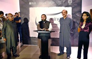 Federal Minister for National Heritage & Culture, Aurangzeb Khan Khichi, addresses the inaugural ceremony of the exhibition titled "Seeing", curated by Sarah Rajper at PNCA