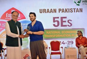 Federal Minister for Planning, Development and Special Initiative Ahsan Iqbal addressing the opening session of the dialogue on Uraan Pakistan - Creative Industry and Culture Economy at a local hotel.
