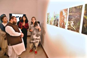 Federal Minister for National Heritage & Culture, Aurangzeb Khan Khichi, addresses the inaugural ceremony of the exhibition titled "Seeing", curated by Sarah Rajper at PNCA