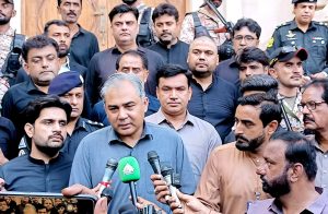 Federal Interior Minister Mohsin Naqvi talking to media persons after inspect the security of the mourning procession in Rohri and Sukkur at the residence of District Council Chairman Syed Kameel Haider Shah