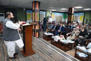 Federal Minister for National Heritage and Culture, Aurangzeb Khan Khichi along with Senator Irfan Siddiqui and Chairperson Pakistan Academy of Letters, Dr. Najeeba Arif inaugurate the renovation work of Sheikh Ayaz Hall at Academy of Letters.