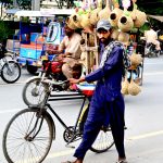 A street hawker on his way to sell artificial bird nests displayed on his bicycle.