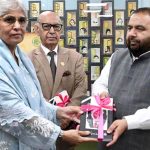 Chairperson Pakistan Academy of Letters, Dr. Najeeba Arif presents a book Adbiat to Federal Minister for National Heritage and Culture, Aurangzeb Khan Khichi during a special session in memory of the well-known writer Patras Bukhari at Academy of Letters.