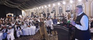 Federal Minister Syed Imran Ahmed Shah delivering a keynote speech at the International Sufism Conference themed " The Diverse Social Services of the Sufis" at Faletti's Hotel.