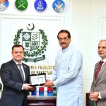 Federal Minister for Defence Production Muhammad Raza Hayat Harraj along with Secretary Defence Production Lt Gen Muhammad Chiragh Haider (Retd) presenting shield to the Ambassador of Republic of Uzbekistan H.E Mr. Alisher Tukhtaev