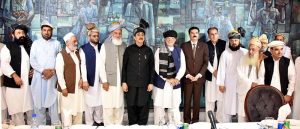 Chairman Senate Syed Yousuf Raza Gilani in a group photo with members of the Tribal Jirga from the merged districts (formerly FATA), led by Khyber Pakhtunkhwa Governor Faisal Karim Kundi, at Parliament House in the Federal Capital