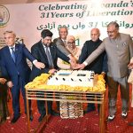 Chairman of Pakistan-China Institute & Pakistan-Africa Institute for Development and Research (PAIDAR) Mushahid Hussain Syed, Sindh Governor, Kamran Tessori and Rwanda High Commissioner in Pakistan Ms Harerimana Fatou along with other dignitaries cutting cake on the occasion of Celebrating Rwanda’s 31 Years of Liberation at Rwanda High Commission