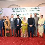 Chairman of Pakistan-China Institute & Pakistan-Africa Institute for Development and Research (PAIDAR) Mushahid Hussain Syed, Sindh Governor, Kamran Tessori and Rwanda High Commissioner in Pakistan Ms Harerimana Fatou along with other dignitaries in a group photo on the occasion of Celebrating Rwanda’s 31 Years of Liberation at Rwanda High Commission