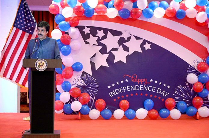 Governor Punjab Saleem Haider Khan addressing during a reception to mark 249th U.S Independence Day as The U.S Consulate General in Lahore announces the arrival of Stetson Sanders as the 35th U.S Consul General in Lahore. His assumption of duties was marked at a U.S National Day celebration during attendees also said farwell to outgoing Consul General Kristin Hawkins
