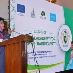 Education Minister Raheela Hameed Khan Durrani addresses participants during the launch of a teacher training initiative at the Virtual Academy