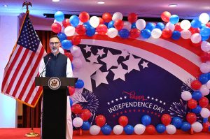 Governor Punjab Saleem Haider Khan addressing during a reception to mark 249th U.S Independence Day as The U.S Consulate General in Lahore announces the arrival of Stetson Sanders as the 35th U.S Consul General in Lahore. His assumption of duties was marked at a U.S National Day celebration during attendees also said farwell to outgoing Consul General Kristin Hawkins