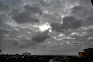 A beautiful view as Nimbostratus clouds blanket the sky in a dark gray layer over the metropolis, heralding the imminent arrival of rain in the provincial capital