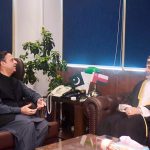 Federal Minister for Maritime Affairs, Muhammad Junaid Anwar Chaudhry talking to Ambassador of Oman to Pakistan, Fahad bin Sulaiman bin Khalaf AlKharusi who called on him