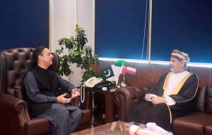 Federal Minister for Maritime Affairs, Muhammad Junaid Anwar Chaudhry talking to Ambassador of Oman to Pakistan, Fahad bin Sulaiman bin Khalaf AlKharusi who called on him