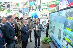 Prime Minister Muhammad Shehbaz Sharif is being briefed on measures being with regard to recent Monsoon rains and floods at National Emergencies Operations Centre.