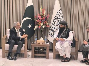 Deputy Prime Minister and Foreign Minister, Senator Mohammad Ishaq Dar meets with the Acting Interior Minister of Afghanistan, Sirajuddin Haqqani , on the sidelines of the signing ceremony for the Framework Agreement on Joint Feasibility Study of the UAP Rail Corridor.