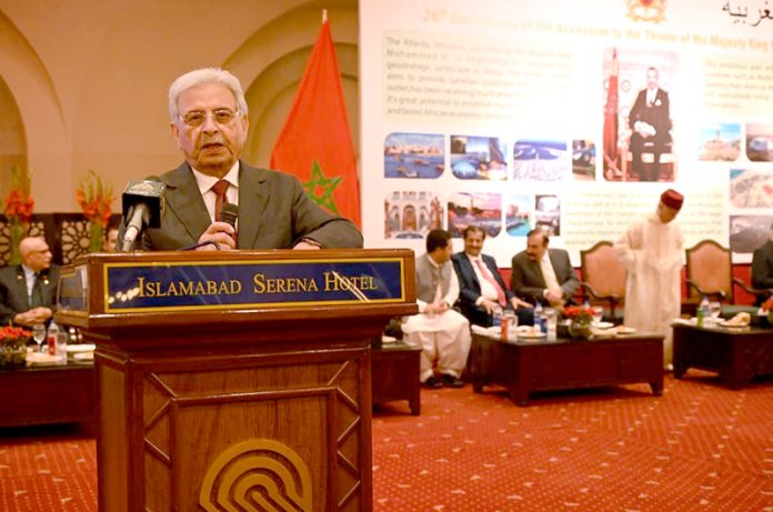 Federal Minister for National Food Security and Research, Industries and Production, Rana Tanveer Hussain addresses on the occasion of the Twenty Sixth Anniversary of the Accession to The Throne of King Mohammed VI of Morocco at a local hotel