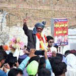 A grand reception being held in the honor of Federal Minister / Chairman Parliamentary Committee on Kashmir, Rana Muhammad Qasim Noon upon his arrival at Piran Ghaib