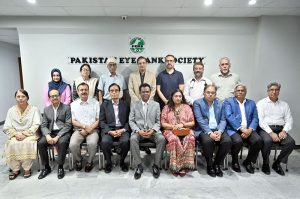 A group photo taken during a farewell lunch hosted by President of Pakistan Eye Bank Society, Qazi Sajid Ali, in honour of Sri Lankan Consul General Jagath Abeywarna. Also seen are Mrs. Jagath Abeywarna, former Additional IGP Ghulam Qadir Thebo, Nadeem Kazmi, Yousuf Mirza, Dr. Kashif Farooqui, Dr. Qazi Wasiq, Sajjad Azam, Shahana Kaukab, Qazi Arif Ali, Nusrat Jahan, and Qazi Yasir Ali