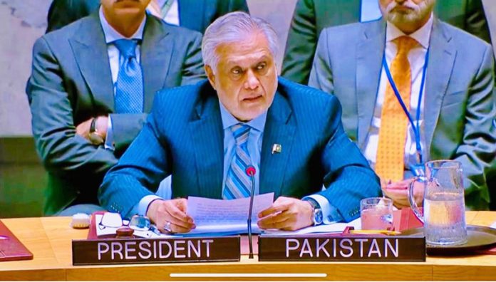 Deputy Prime Minister and Foreign Minister, Senator Mohammad Ishaq Dar, presides over the United Nations Security Council's Quarterly Open Debate on the 