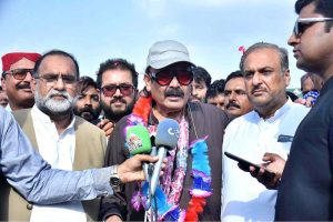 A grand reception being held in the honor of Federal Minister / Chairman Parliamentary Committee on Kashmir, Rana Muhammad Qasim Noon upon his arrival at Piran Ghaib