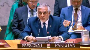 Deputy Prime Minister and Foreign Minister, Senator Mohammad Ishaq Dar delivers remarks at the high-level open debate of the UN Security Council on “Promoting International Peace and Security through Multilateralism and Peaceful Settlement of Disputes”.