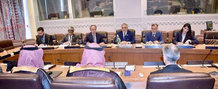 Deputy Prime Minister and Foreign Minister, Senator Mohammad Ishaq Dar, meets with Saudi Minister of Economy and Planning, Faisal Fadhil Al-Ibrahim, on the sidelines of high-level events during Pakistan’s Presidency of the UN Security Council