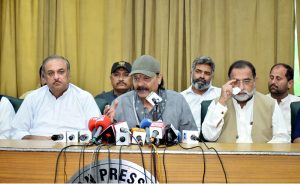 Federal Minister and Chairman Parliamentary Committee on Kashmir Affairs Rana Muhammad Qasim Noon addresses a press conference.