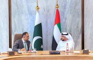 A high-level Government of Pakistan delegation, led by Bilal Azhar Kayani, Minister of State for Finance and Railways and Head of the Prime Minister's Delivery Unit in a meeting with Saeed al Eter , Chair of the UAE Government Media office