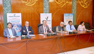 Federal Minister for Planning, Ahsan Iqbal addressing a briefing during the launching ceremony of the Monthly Development Report for July