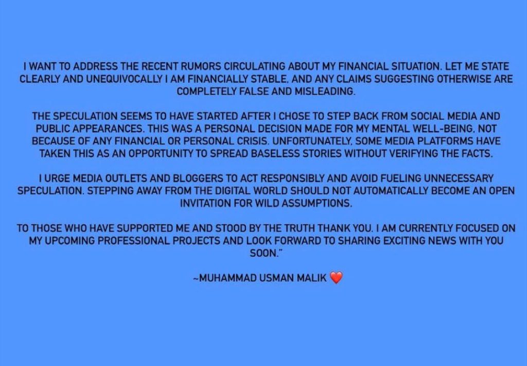 Rising showbiz star Usman Malik refutes buzz over financial crisis