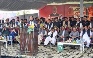 Federal Minister for Information and Broadcasting Attaullah Tarar addressing the participants of the Kashmir Youm-e-Istehsal (Kashmir Exploitation Day) rally at D-Chowk.
