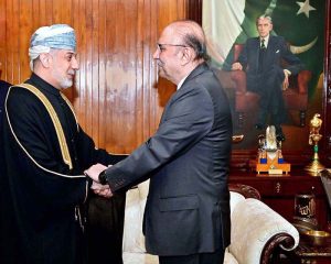 President Asif Ali Zardari welcomes the Ambassador of the Sultanate of Oman to Pakistan, Fahad Sulaiman Khalaf Al Kharusi at Aiwan-e-Sadr.