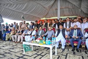Deputy Prime Minister and Minister for Foreign Affairs Mohammad Ishaq Dar, Federal Minister for Information and Broadcasting Attaullah Tarar and other ministers attending a ceremony after the Kashmir Youm-e-Istehsal (Kashmir Exploitation Day) rally at D-Chowk.