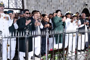 Governor Sindh, Kamran Khan Tessori along with Sindh Chief Minister Syed Murad Ali Shah hoists the National Flag at the Mazar-e-Quaid commemorating the 78th Independence Day of Pakistan