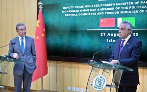 Deputy Prime Minister/Foreign Minister Senator Mohammad Ishaq Dar and Chinese Foreign Minister Wang Yi addressing a joint press stakeout at Ministry of Foreign Affairs.