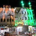 A view of the Masjid decorated with colorful lights in connection with the Rabi-ul-Awal celebrations on Court Road.